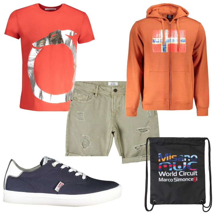 Outfit uomo - Total look #1974692. Stile Trendy per Tutti i giorni. Abbinamento con borse sportive, bermuda, felpe con cappuccio, t-shirt, sneakers.