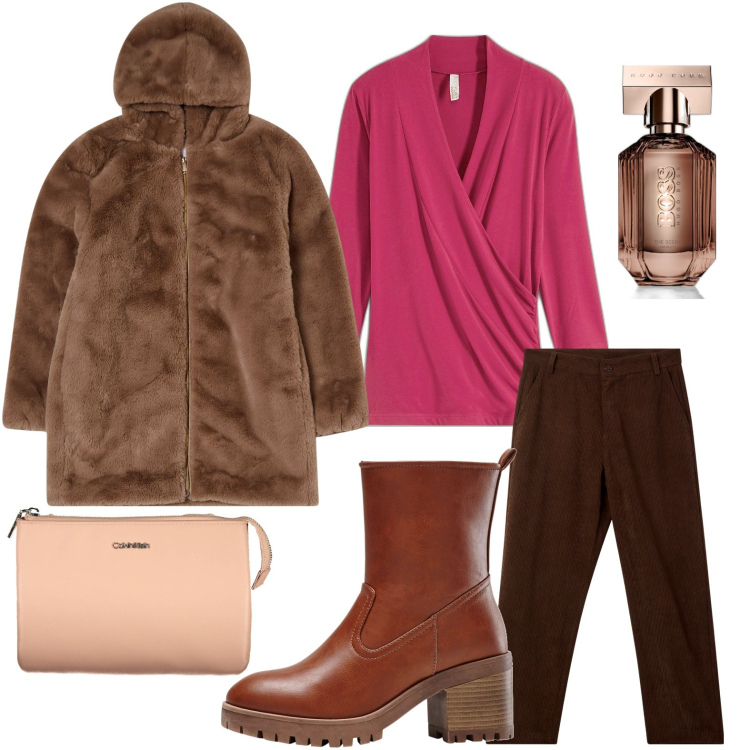 Outfit donna - La pelliccia con cappuccio. Stile Minimal per Ufficio. Abbinamento con stivaletti, maglieria, profumi, ecopellicce, pantaloni chino, borse a tracolla.