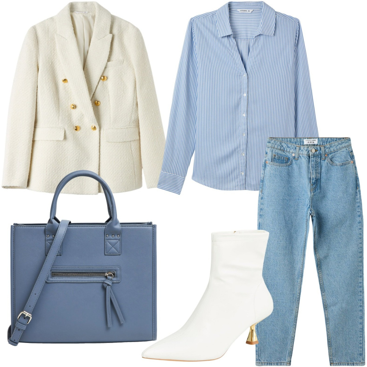 Outfit donna - Giacca doppio petto in tweed. Stile Glamour per Ufficio. Abbinamento con jeans mom, blazer, stivaletti, camicie, shopping bag.