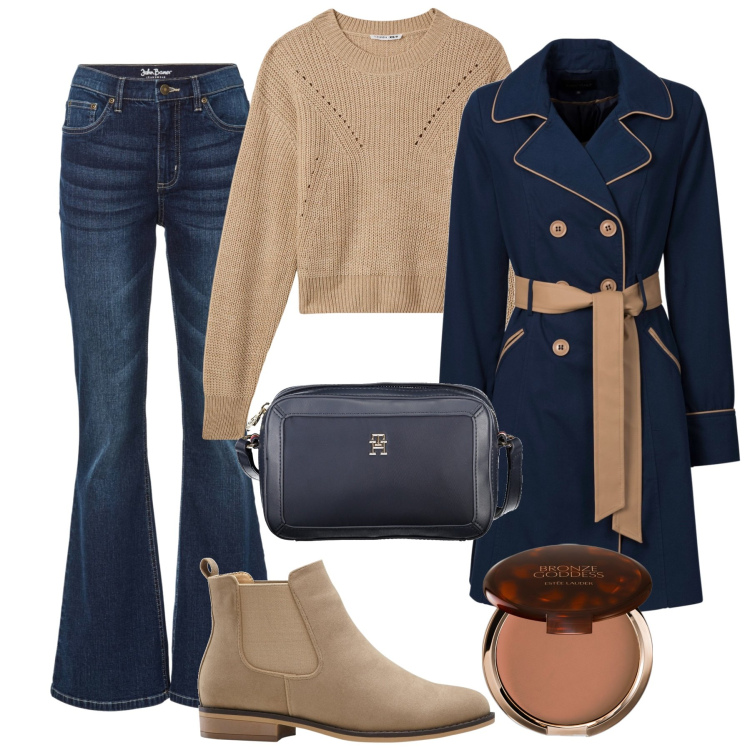 Outfit donna - Jeans flared e trench passpartout. Stile Casual per Tutti i giorni. Abbinamento con jeans a zampa, trench, stivaletti chelsea, terre, maglieria, borse a tracolla.