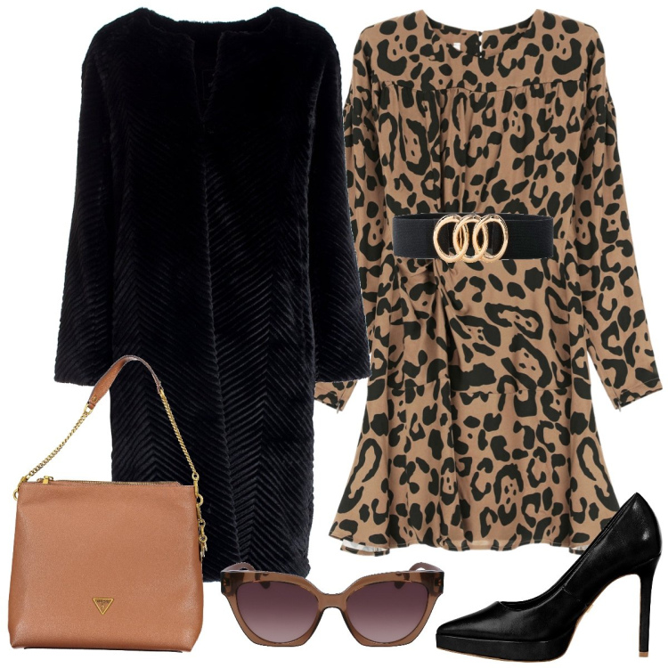 Outfit donna - Animalier. Stile Trendy per Serata fuori. Abbinamento con cinture, décolleté, cappotti, vestiti corti, occhiali da sole, borse a tracolla.