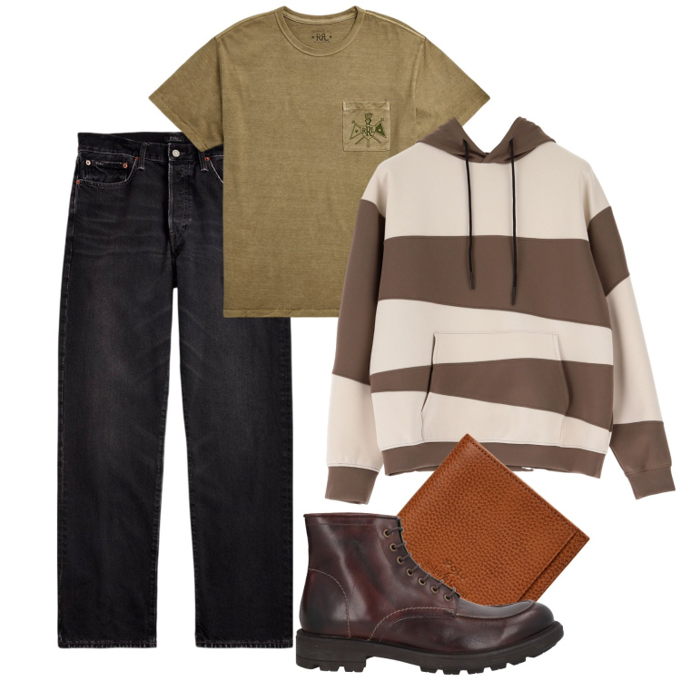 Outfit uomo - Zebrato. Stile Urban per Tutti i giorni. Abbinamento con stivali e stivaletti, felpe con cappuccio, jeans dritti, portafogli, t-shirt.