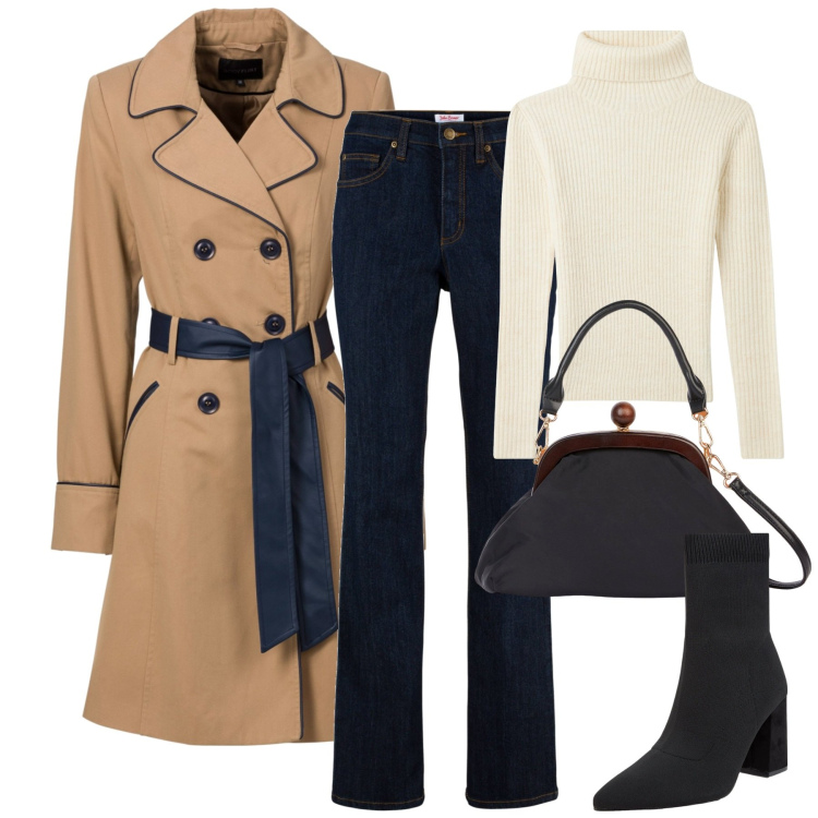 Outfit donna - City. Stile Casual chic per Tutti i giorni. Abbinamento con trench, jeans, maglieria, stivaletti, clutch.