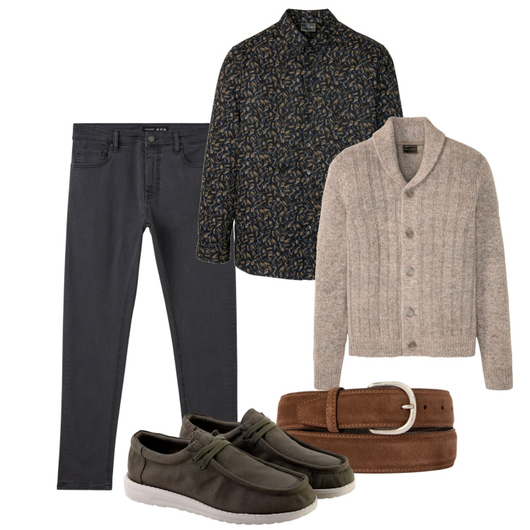 Outfit uomo - Marrone bruciato. Stile Casual per Tutti i giorni. Abbinamento con cardigans, camicie, pantaloni skinny, cinture, scarpe stringate.