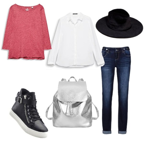 Outfit donna - La camicia bianca p.4. Stile Trendy per Scuola/Università. Abbinamento con jeans boyfriend, sneakers sport con zip nero, zaino effetto metallizzato argento, maglia a maniche lunghe rosso, camicia bianco, cappello con stampa tinta unita nero.