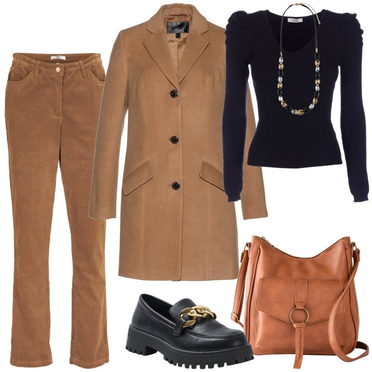 Outfit donna - Giorni d\'autunno. Stile Casual per Tutti i giorni. Abbinamento con pantaloni, borse a tracolla, cappotti, mocassini, maglieria, collane.