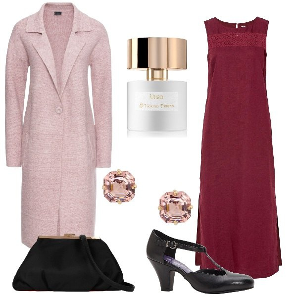 Outfit donna - Abito lungo per serata. Stile Chic per Serata fuori. Abbinamento con vestiti lunghi, cappotti, décolleté, profumi, orecchini, pochette.