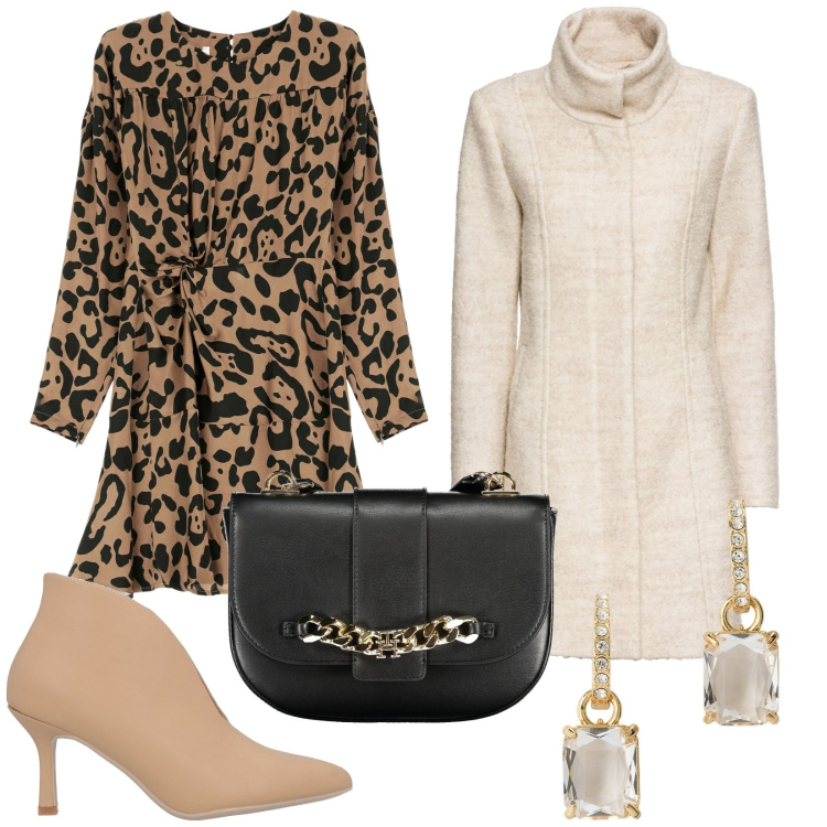 Outfit donna - Vestito animalier. Stile Sexy per Serata fuori. Abbinamento con cappotti, stivaletti, vestiti corti, orecchini, borse a tracolla.