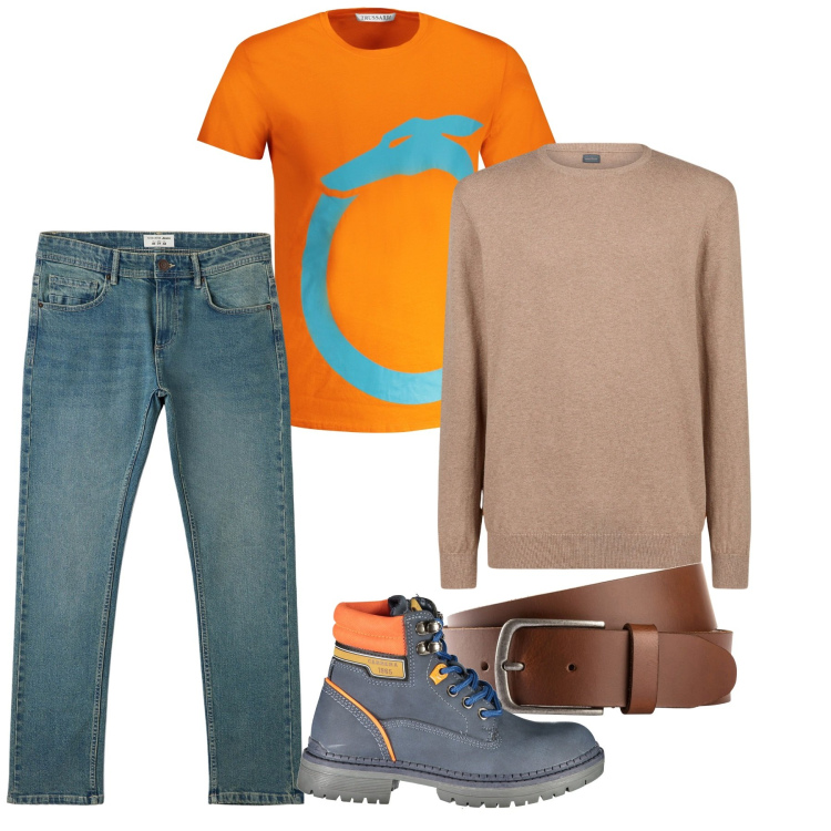 Outfit uomo - Tocchi d\'arancio. Stile Casual per Tutti i giorni. Abbinamento con cinture, jeans, maglieria, t-shirt, stivali.