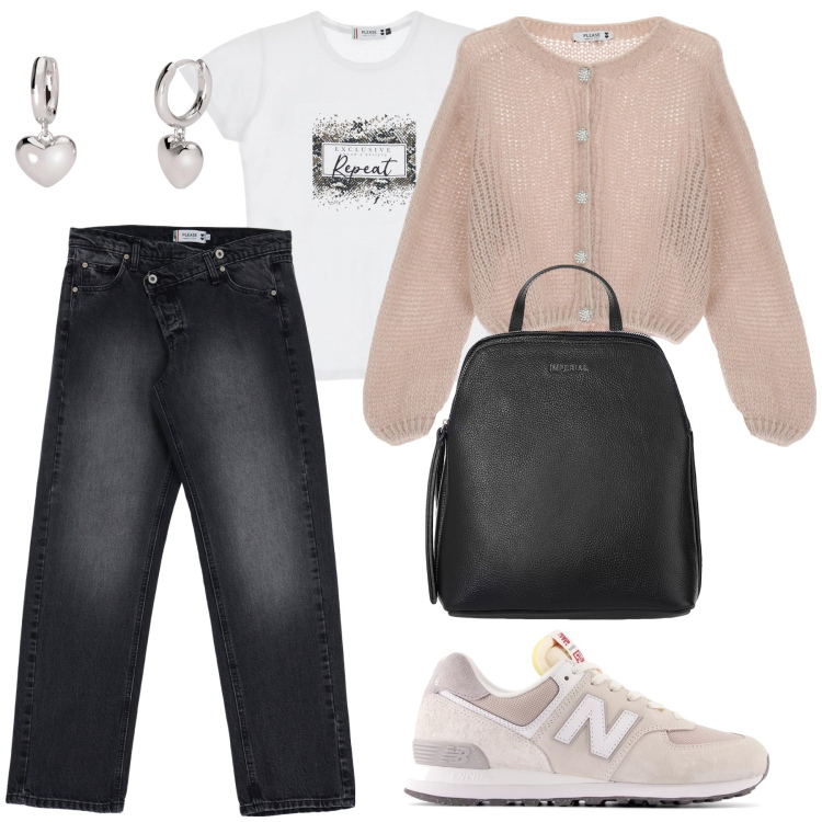 Outfit donna - Denim station. Stile Basic per Tutti i giorni. Abbinamento con orecchini, sneakers, cardigans, t-shirt, jeans, zaini.