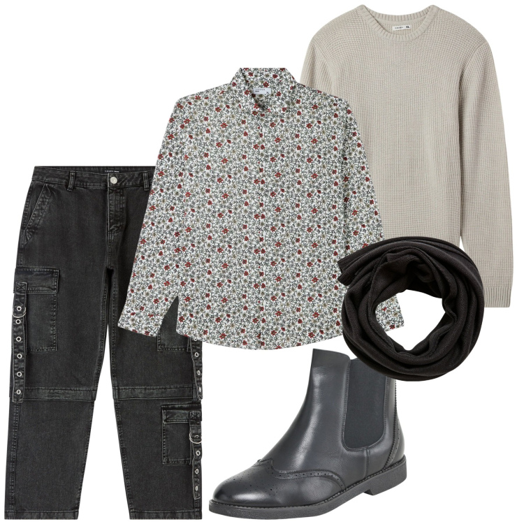 Outfit uomo - Ottobre. Stile Urban per Tutti i giorni. Abbinamento con stivali e stivaletti, camicie, jeans, sciarpe, maglieria.