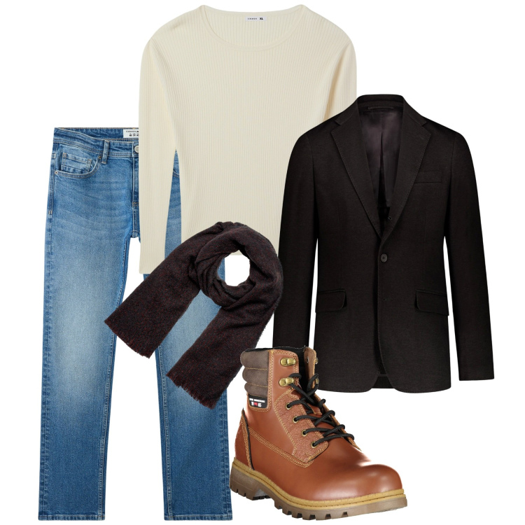 Outfit uomo - Pomeriggio. Stile Casual per Tutti i giorni. Abbinamento con jeans, maglieria, sciarpe, giacche, stivali.