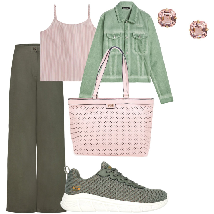 Outfit donna - Color verde oliva. Stile Basic per Tutti i giorni. Abbinamento con blazer, canottiere, orecchini, sneakers, pantaloni, borse a spalla.