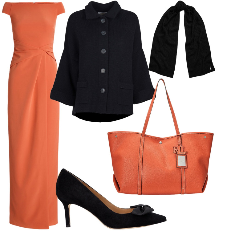 Outfit donna - Arancio autunno. Stile Chic per Serata fuori. Abbinamento con sciarpe, borse tote, vestiti lunghi, décolleté, blazer.