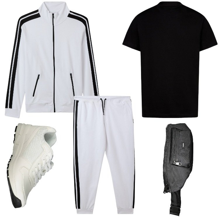 Outfit uomo - Il prof di ginnastica. Stile Casual per Sport. Abbinamento con pantaloni, giacche sportive, sneakers, borse sportive, t-shirt.