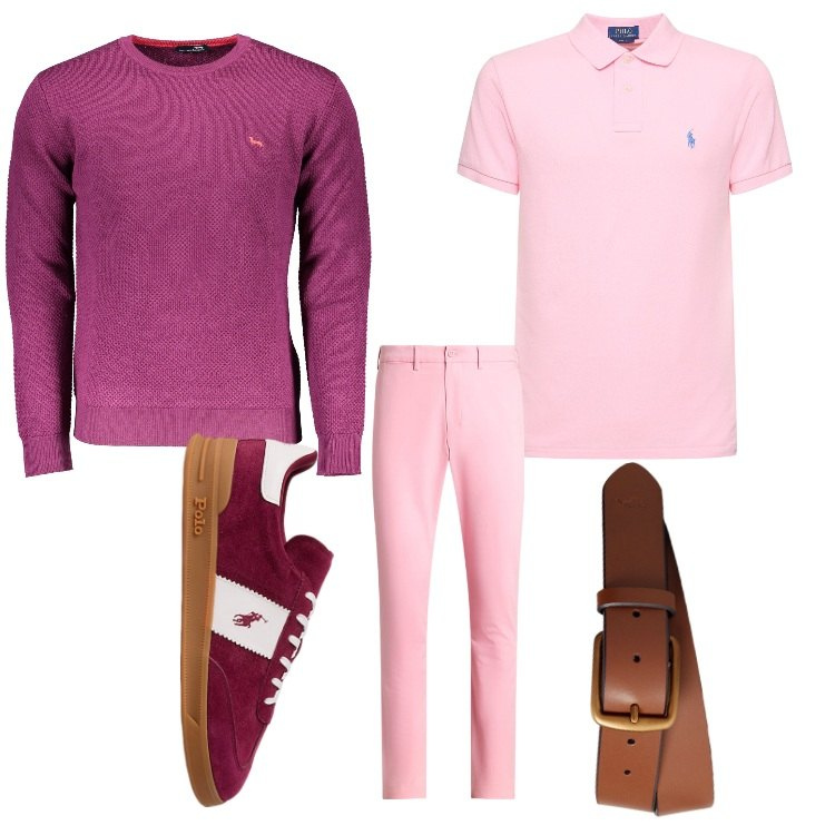 Outfit uomo - A pink man. Stile Casual per Ufficio. Abbinamento con cinture, pantaloni chino, sneakers, polo, maglieria.
