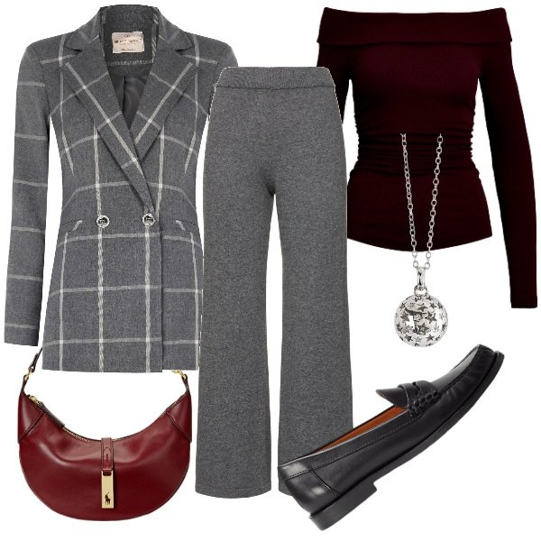 Outfit donna - La giacca Week end. Stile Chic per Serata fuori. Abbinamento con ciondoli, blazer, mocassini, maglieria, borse a spalla, pantaloni.