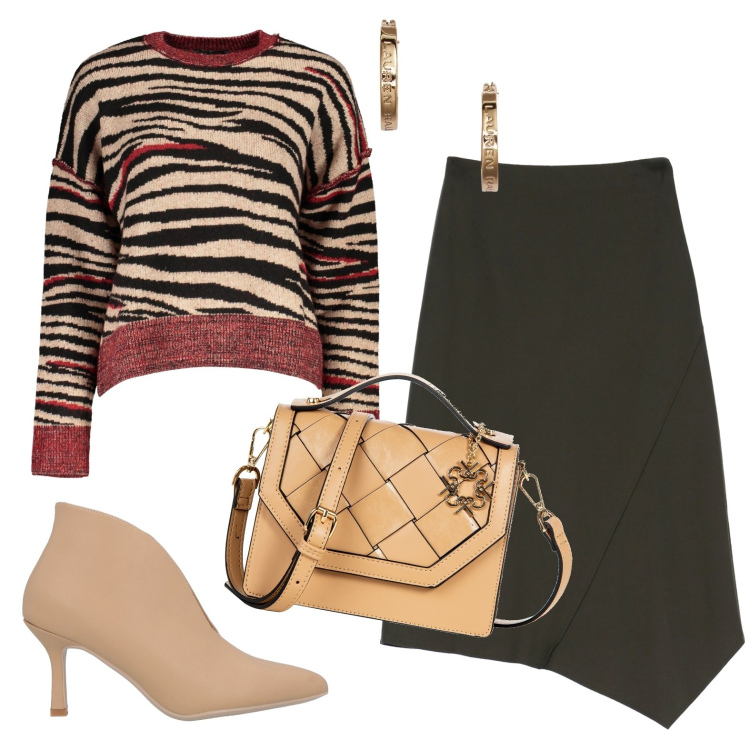 Outfit donna - Autunno glamour. Stile Glamour per Tutti i giorni. Abbinamento con stivaletti, borse a mano, gonne, orecchini, maglieria.