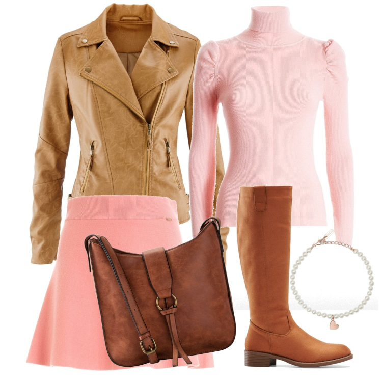 Outfit donna - Il rosa d\'autunno. Stile Casual chic per Tutti i giorni. Abbinamento con borse a tracolla, stivali, blazer, braccialetti, gonne, maglieria.