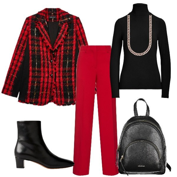 Outfit donna - In ufficio. Stile Casual chic per Ufficio. Abbinamento con collane, top, stivaletti, blazer, zaini, pantaloni.