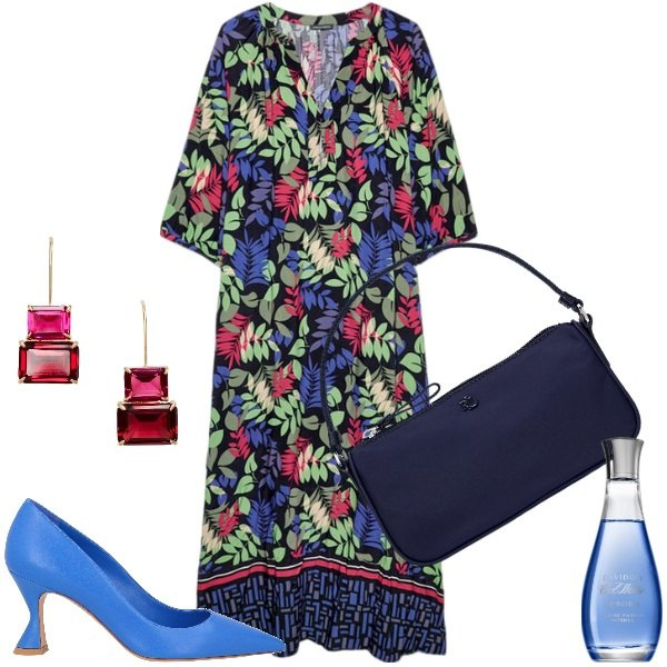 Outfit donna - Curvy. Stile Basic per Cerimonia. Abbinamento con décolleté, profumi, orecchini, pochette, vestiti lunghi.