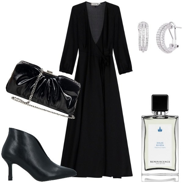 Outfit donna - Curvy. Stile Glamour per Serata fuori. Abbinamento con stivaletti, profumi, orecchini, pochette, vestiti lunghi.