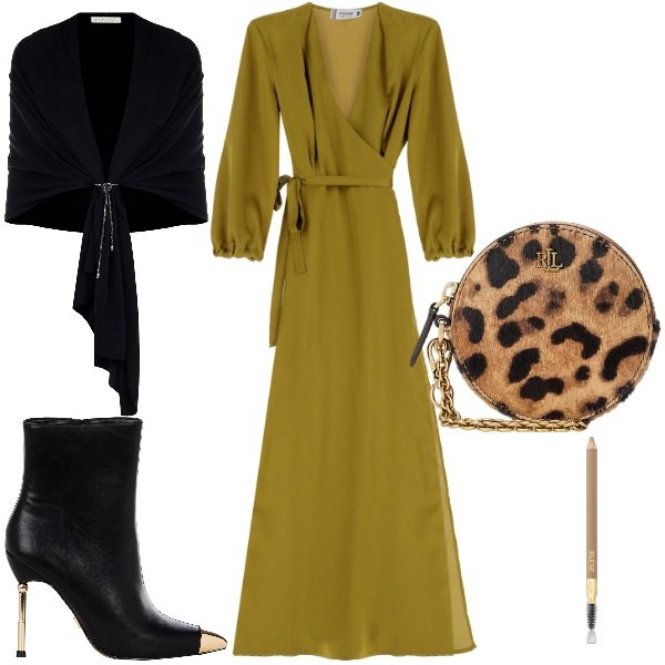 Outfit donna - Serata curvy. Stile Glamour per Serata fuori. Abbinamento con eyeliner, stole, stivaletti, vestiti lunghi, pochette.