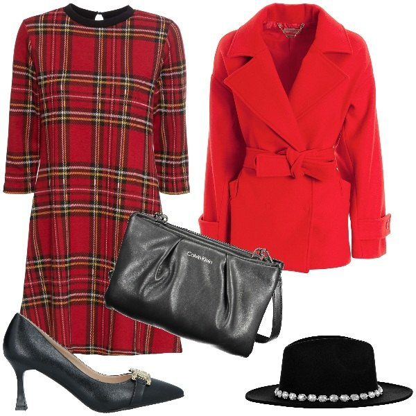 Outfit donna - Check rosso. Stile Bon Ton per Ufficio. Abbinamento con vestiti corti, décolleté, cappelli, cappotti, borse a mano.