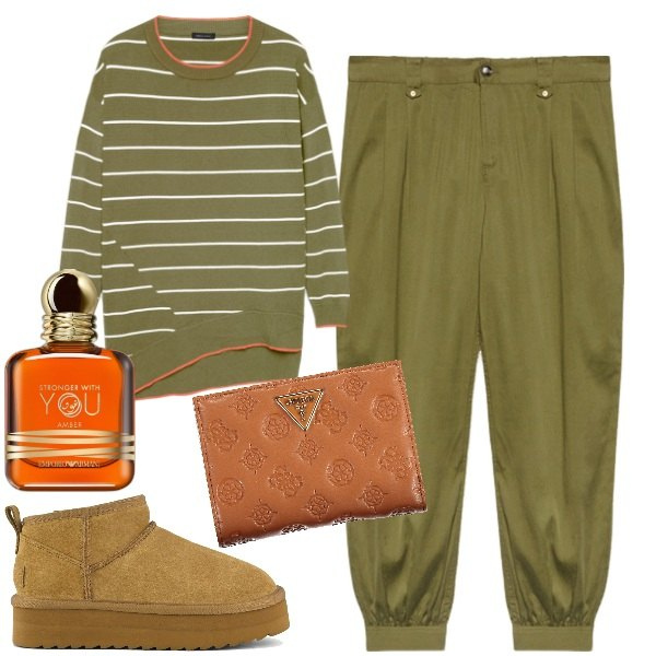 Outfit donna - Curvy. Stile Trendy per Tutti i giorni. Abbinamento con profumi, stivaletti, pantaloni, maglieria, portafogli.