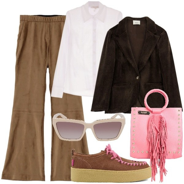 Outfit donna - Curvy in città. Stile Mannish per Tutti i giorni. Abbinamento con borse a mano, camicie, pantaloni, blazer, mocassini, occhiali da sole.