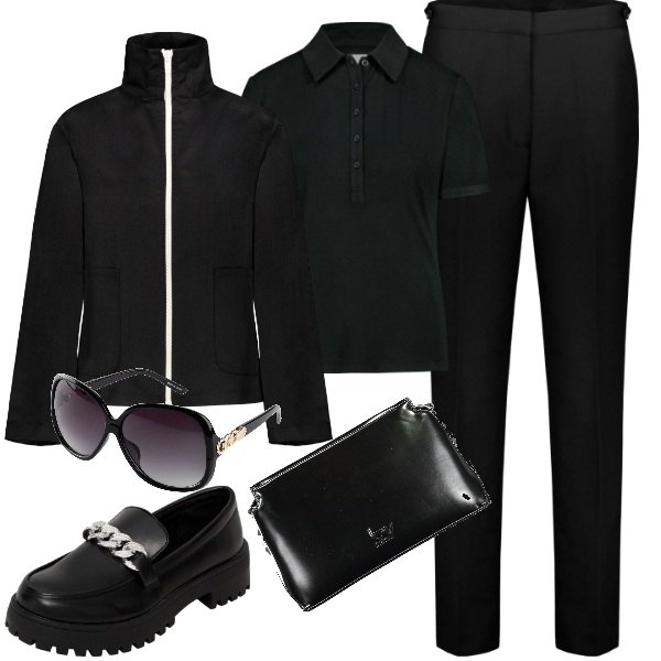 Outfit donna - Black. Stile Minimal per Tutti i giorni. Abbinamento con occhiali da sole, mocassini, blazer, pantaloni, borse a tracolla, polo.