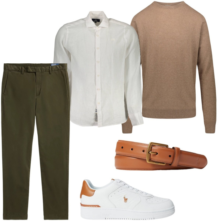 Outfit uomo - Il pantalone verde muschio. Stile Casual per Ufficio. Abbinamento con cinture, sneakers, pantaloni, maglieria, camicie.