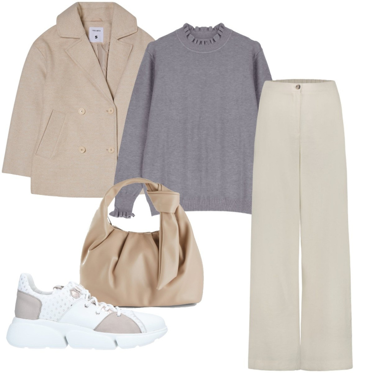 Outfit donna - Piccole arricciature. Stile Casual chic per Tutti i giorni. Abbinamento con borse a mano, sneakers, caban, maglieria, pantaloni.