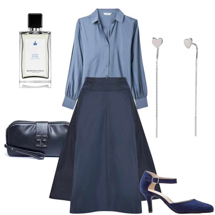 Outfit donna - Toni del blu. Stile Chic per Serata fuori. Abbinamento con décolleté, profumi, camicie, orecchini, pochette, gonne.