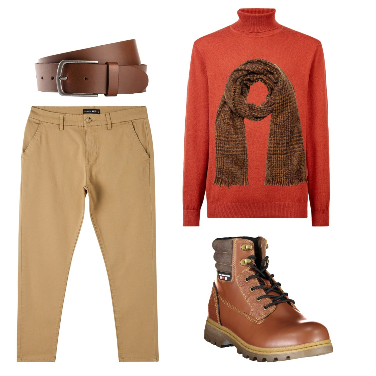 Outfit uomo - Il pullover arancione. Stile Urban per Tutti i giorni. Abbinamento con cinture, pantaloni chino, sciarpe, maglieria, stivali.