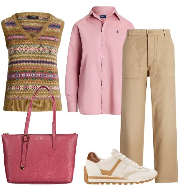 Outfit donna - Giornata in centro. Stile Urban per Tutti i giorni. Abbinamento con sneakers, camicie, maglieria, pantaloni, borse a spalla.
