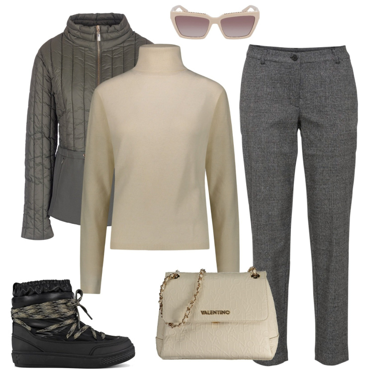 Outfit donna - A passeggio dopo lo sci. Stile Casual chic per Tutti i giorni. Abbinamento con pantaloni, piumini, pullovers, stivaletti, borse a spalla, occhiali da sole.