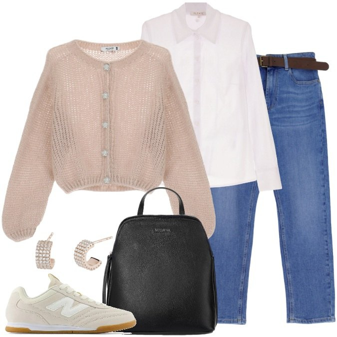 Outfit donna - Romantica in jeans. Stile Romantica per Scuola/Università. Abbinamento con camicie, cardigans, jeans dritti, orecchini, sneakers, zaini.