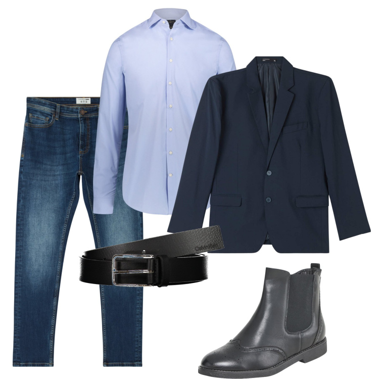 Outfit uomo - Elegante con il jeans. Stile Casual per Ufficio. Abbinamento con stivali e stivaletti, jeans skinny, giacche, camicie, cinture.