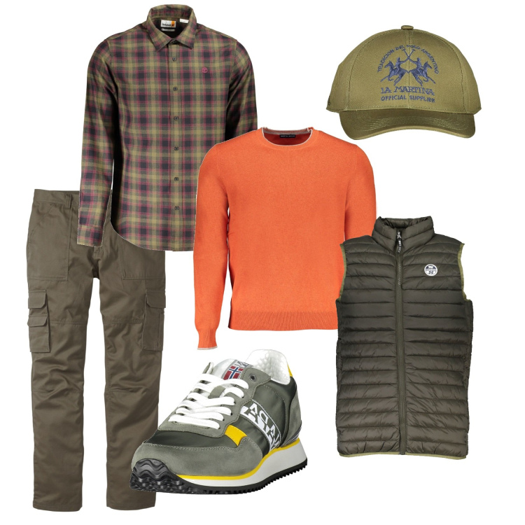 Outfit uomo - Passeggiata tra le foglie. Abbinamento con pantaloni cargo, camicie, sneakers, giacche, maglieria, cappelli con visiera.