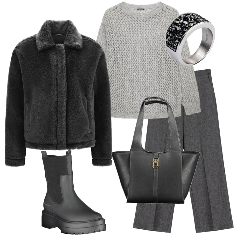 Outfit donna - In città. Stile Casual chic per Tutti i giorni. Abbinamento con anelli, pantaloni, cappotti, maglieria, stivali, borse a spalla.