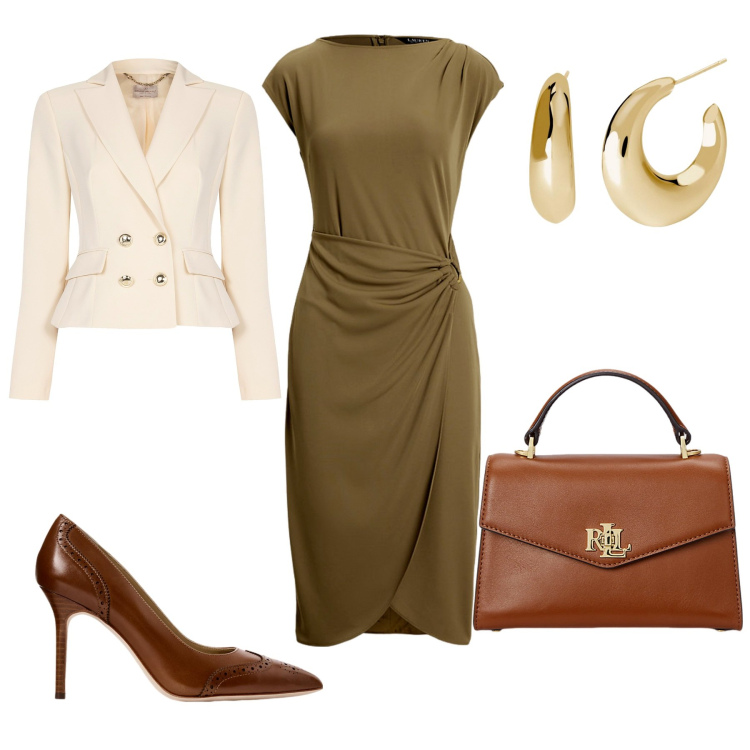 Outfit donna - Un giorno in ufficio. Stile Chic per Ufficio. Abbinamento con orecchini, blazer, borse a mano, vestiti, décolleté.