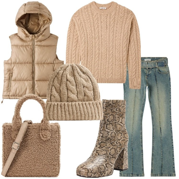 Outfit donna - Bantoa Mid Season Sale. Stile Trendy per Tutti i giorni. Abbinamento con jeans a zampa, piumini, stivaletti, maglieria, shopping bag, berretti.