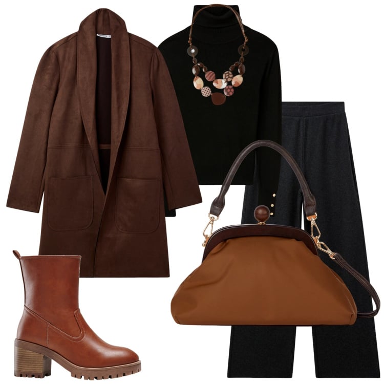 Outfit donna - In città. Stile Casual chic per Tutti i giorni. Abbinamento con stivaletti, pantaloni, trench, maglieria, clutch, collane.