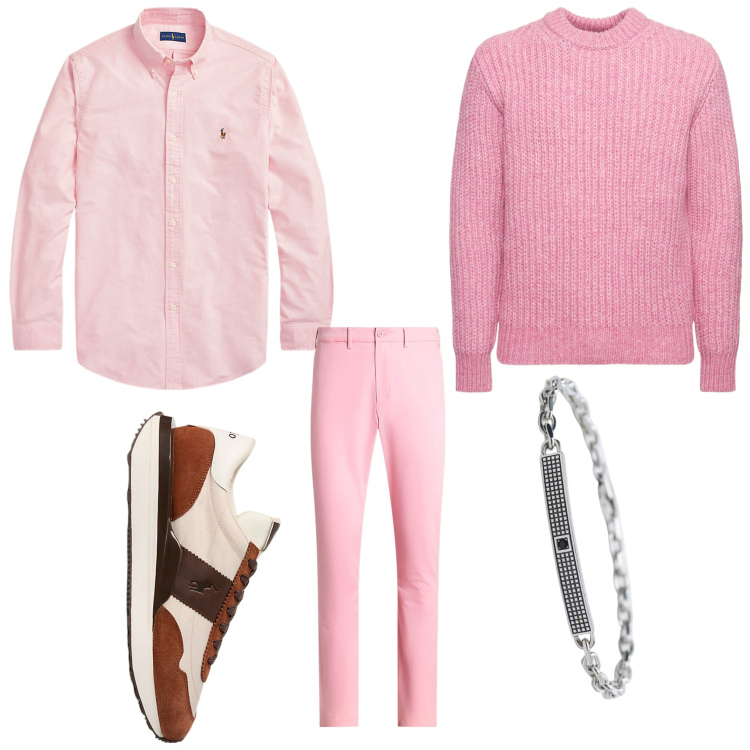 Outfit uomo - In rosa. Stile Casual per Ufficio. Abbinamento con braccialetti, camicie, sneakers, pantaloni chino, maglieria.