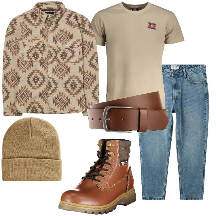 Outfit uomo - La camicia shacket in flanella. Stile Trendy per Tutti i giorni. Abbinamento con cinture, cappotti, jeans, berretti, stivali, t-shirt.
