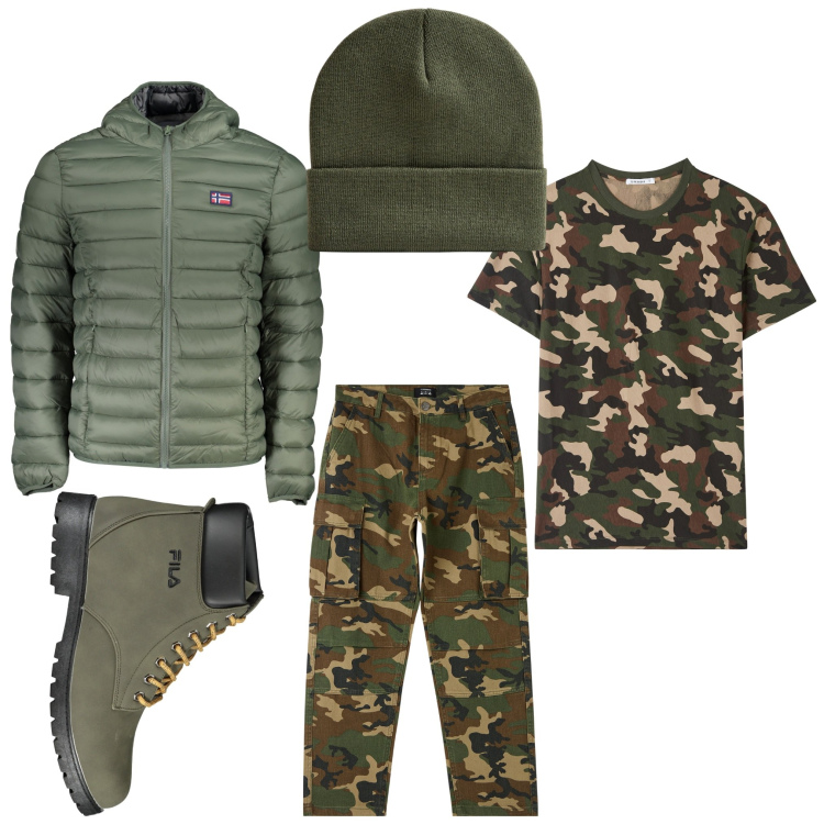 Outfit uomo - Andando per funghi. Stile Casual per Sport. Abbinamento con t-shirt, pantaloni cargo, berretti, giacche, stivali.