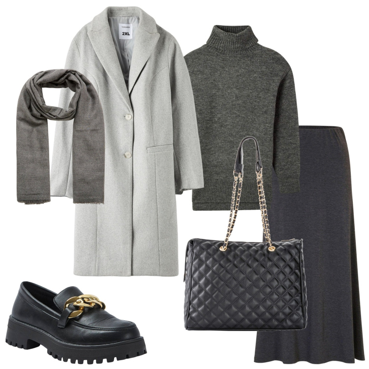 Outfit donna - Lunedì riunione. Stile Casual chic per Ufficio. Abbinamento con shopping bag, gonne, mocassini, maglieria, cappotti, sciarpe.