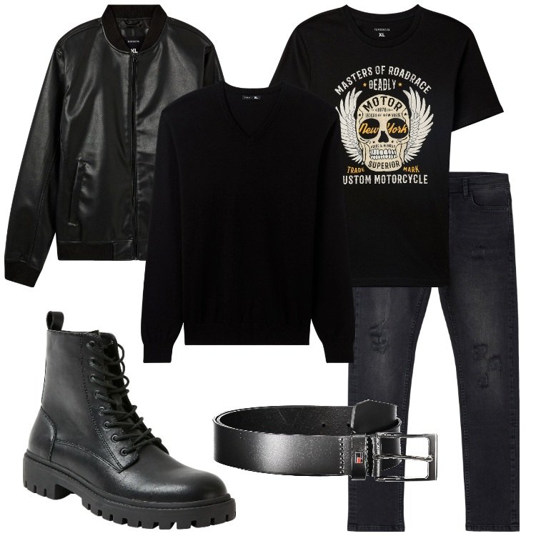 Outfit uomo - Passione rock. Stile Biker Rock per Tutti i giorni. Abbinamento con jeans strappati, bomber, t-shirt, maglieria, anfibi, cinture.