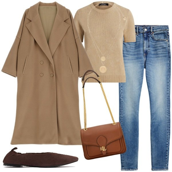 Outfit donna - Cappotto commello. Stile Chic per Tutti i giorni. Abbinamento con cappotti, ciondoli, jeans slim fit, maglieria, borse a spalla, ballerine.